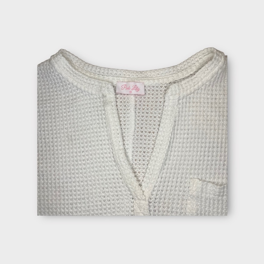 Pink Lily Waffle Knit Long Sleeve Oatmeal V-neck Top - Picture 5 of 8